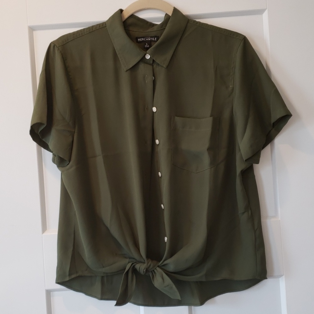 J Crew short sleeve tie top olive green
